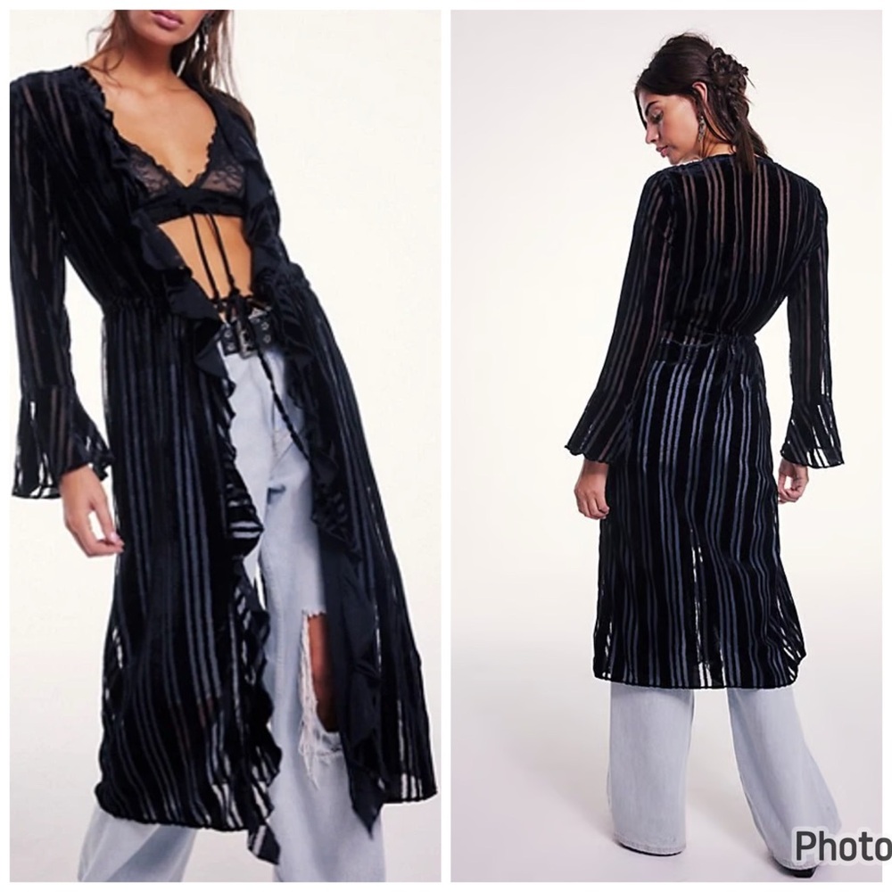 Free People NWOT Dolly Duster Velvet Black Ruffle‎ Cardigan Sheer Size XS